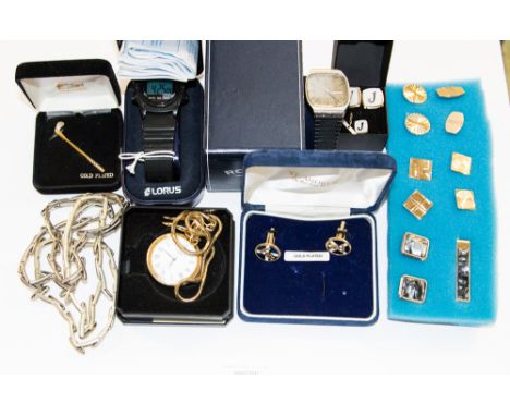 Collection of cufflinks, plated watches, sleeve keepers, golfing interest etc