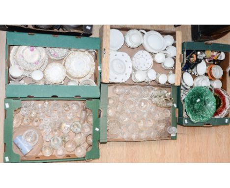 Three boxes of assorted ceramics, including Royal Crown Derby, Royal Doulton, Majolica etc, with two boxes of glassware, incl