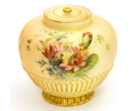 A Royal Worcester blush ivory pot pourri vase and cover, ovoid form with reticulated lid, 1286, floral sprays, 19cm high