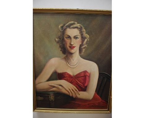 Horace Sequeira, portrait of a women in red dress and pearls, signed oil on canvas 