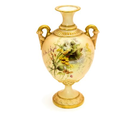 A Royal Worcester blush ivory twin handled pedestal vase, ovoid form with foliate moulded loop handles, painted with wild flo