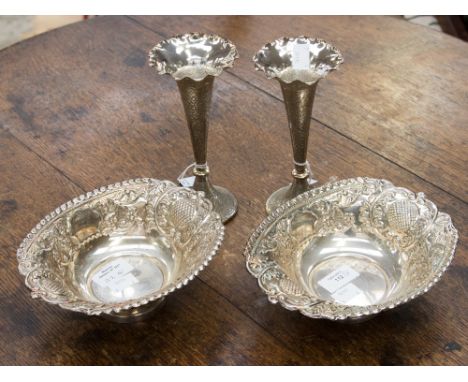 White metal, possibly Indian, pair of trumpet vases and a pair of bon bon dishes marked silver (4)