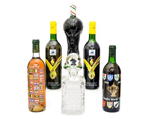 A Derby County limited edition 41/50 decanter, with 2 bottles of France '98 Bordeaux, 1991 Bordeaux, Rugby World Cup, 1990 Wo