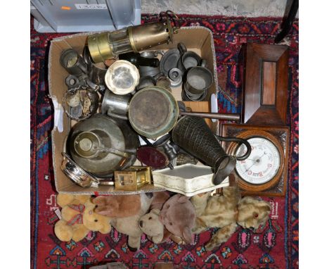 A collection of curios to include mahogany tea caddy, platedware, jam pan, railway lamp, carriage clock etc...(1 box)