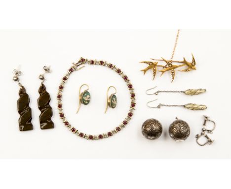 A 9ct ruby bracelet, Edwardian Swallow brooch, etc 