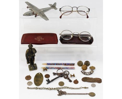 A Dinky Ensign class Air liner - Explorer G.A. DSV; together with a Liberties ball pen and another, keys, Victorian brass fig