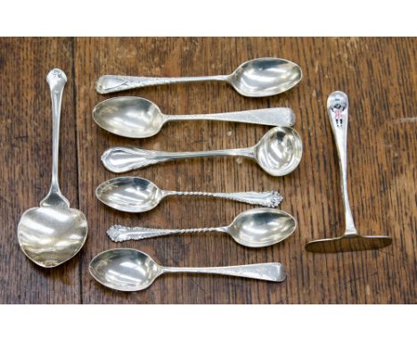 Six assorted silver spoons with Sheffield, London and Birmingham hallmarks, together with an enamelled 'Pusher' EPNS and a sa