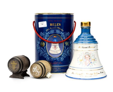 A Bells Whisky - Commemorating Queen Mothers 90th Birthday; together with two Old St Andrews Scotch Whisky mini barrels (3) 