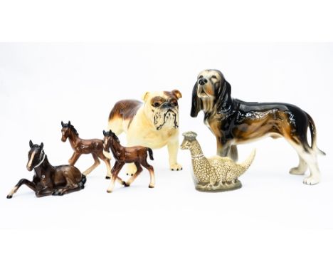 Various ceramic animal figures including a Beswick dog, Beswick Nessie Bottle, Melbaware dog, and 3 horse. (6)