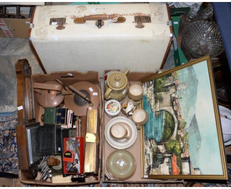 Two suitcases, 1940s barometer, school bell, flatware, bible with metal mounts, two copper kettles, playing cards, stone wear