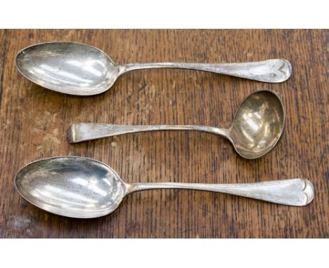 A George IV silver ladle by William Eley & William Fearn 1823, approx 58 gms, together with a pair of silver table spoons by 