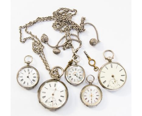 Five various silver pocket and fob watches, fob chain and key (7)