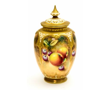 A Royal Worcester fruit painted vase and cover, ovoid form with moulded arcading, apples and cherries, signed, the lid reticu