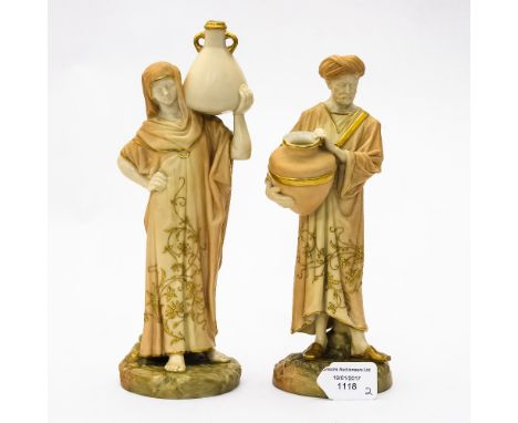 A pair of Royal Worcester blush ivory figures, miniature Cairo Water carriers, shape number 1250, height approx 10 inches 