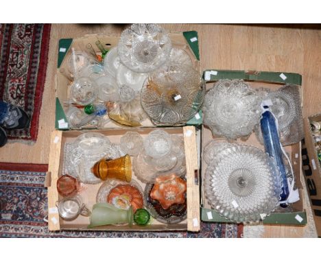 Three boxes of assorted glassware, including decanter, carnival glass, Vaselaine glass, Whitefriars, commemorative etc