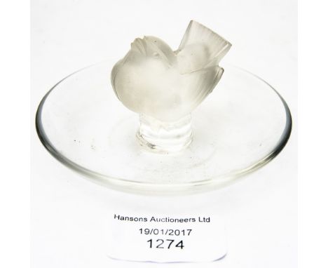 A Lalique dish with frosted bird finial