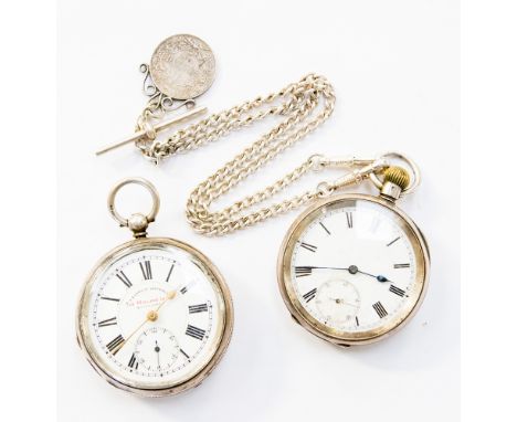 A silver key wind pocket watch by J.G. Graves Sheffield, together with a silver crown  working example on a white metal chain