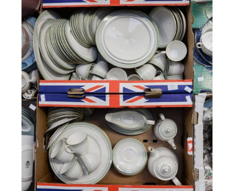 Two boxes of Royal Doulton 'Berkshire' (T.C.1021) part dinner service, including serving dishes and covers, teapots, plates, 