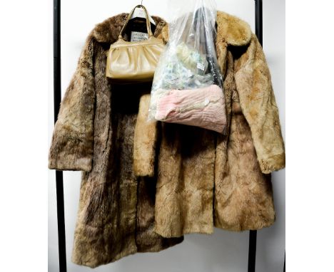 Two ladies London Pride floral blouses 1960s and a beige handbag - a crocheted bed jacket, a Musquash and a Canadian Squirrel