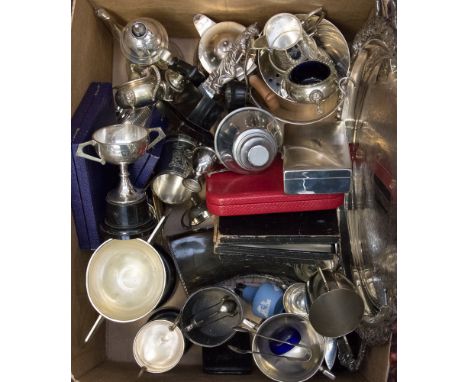 A box of assorted silver plated items, comprising trophies, salver, tea service, cutlery, flask, etc 