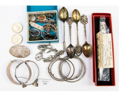 Silver bangles, spoons, ring, Blue John brooch and earrings, etc (one bag) 