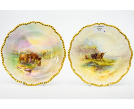 Two Royal Worcester plates, 'Highland' cattle, by David Scyner, gilt gadrooned borders, both signed D.J. Scyner, 19cm diamete
