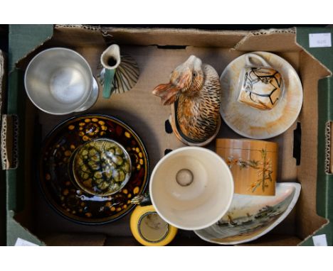 A collection of various ceramics, including Bayeux Tapestry goblet, Chelsea Pottery, vases and jugs etc