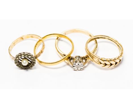 A 22ct gold band, size N, 2.1 grams approx; an 18ct gold ring, size K, 3.2 grams approx; a 9ct gold and diamond chip ring, Q½