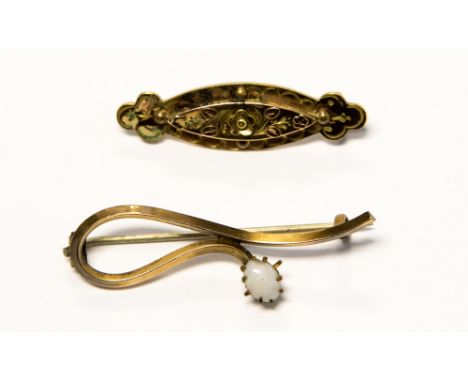 A yellow metal and opal brooch and a late Victorian brooch, stamped AJC (2) 