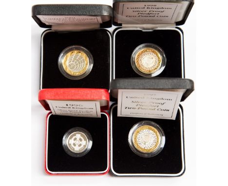 Silver Proof Piedfort Two Pounds 1997, 1998 and 2001, One Pound 1996, all cased as issued with certificates 