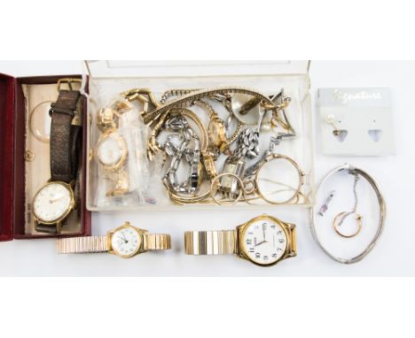 Jewellery including a pair of 9ct gold earrings, silver bangle, yellow metal lorgnettes (possibly gold), various watches etc 
