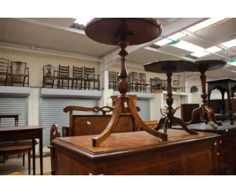 A Jacobean style oak stool together with three tripod table (2)