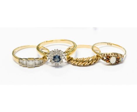 Four gold rings, various stones, including opal, ring sizes N,P½, O½, S