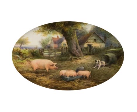 Harry Davis for Royal Worcester, a painted plaque, 1925, farmyard scene with pigs and dog, buildings in the background, 15cm 