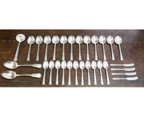 A Tiffany and Co sterling silver canteen of cutlery, pat 1916, broken arch pediment pattern, engraved initials 'EMB' comprisi