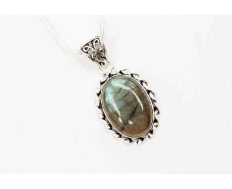 A Firey Labradorite silver pendant necklace, fitted on a silver snake link chain, stamped '925', 46cm / 18 inches long