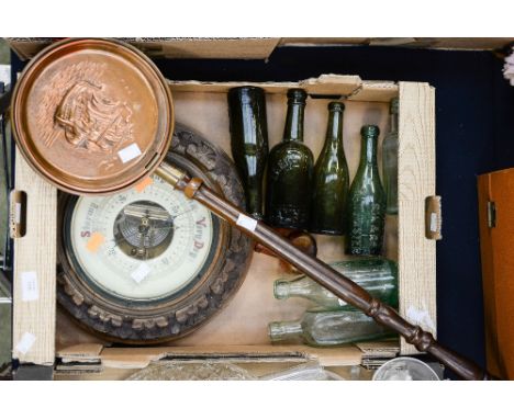 A wall mounted barometer with assorted ale and pop bottles, and a copper bed warmer (1 box)