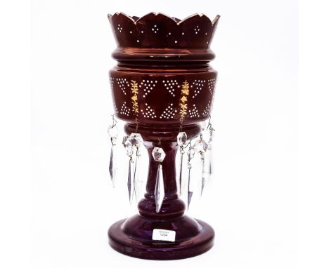 A Bohemian ruby glass lustre vase, enamelled and gilded 