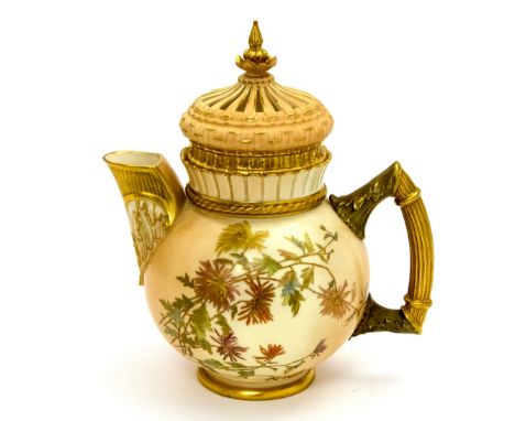 A Royal Worcester blush ivory jug, Aesthetic style, 1889, shape 1382, globular form decorated with chrysanthemums, angular re