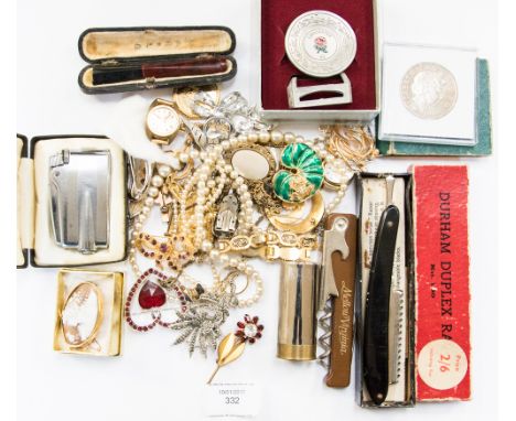 A bag of costume jewellery including a triple string of faux pearls, Ronson cigarette lighter, ladies Logan wristwatch, etc 