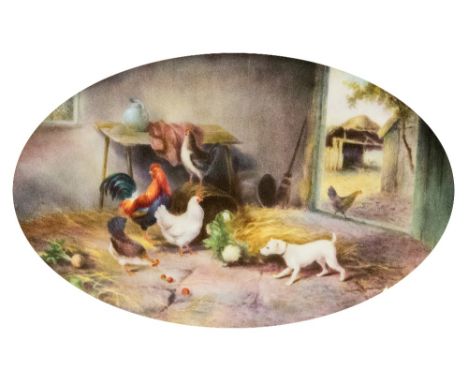 A Royal Worcester painted plaque, 1925, farm building scene with chickens and a dog, by G Johnson, 15cm x 24cm oval, framed