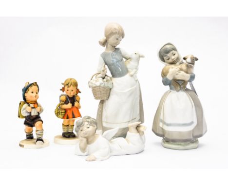 Three Lladro figures of two Girls, a Boy Angel and two Hummel figures (5)