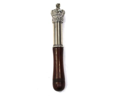 A late 19th/Early 20th Century Tipstaff, silver plated crown pommel, ring turned handle, 19cm.