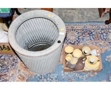 A Poole pottery part tea service, brown and mustard glazes, together with a galvanised dolly tub (one box & dolly tub) 