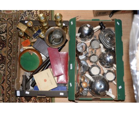 Two boxes of metalware, including Everhot part tea service, brass mortar, brass candlesticks EPNS flatware etc