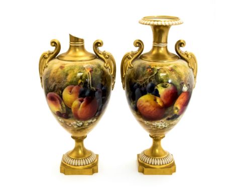 A pair of Royal Worcester fruit painted vases by Ricketts, 1924, pedestal twin handled urn form, foliate moulded handles, dec