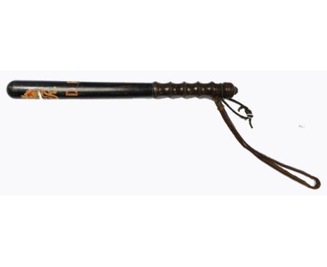 A George V A painted wood truncheon, painted in scarlet and gold with Crown above GR V, "R N D P", 39cm.