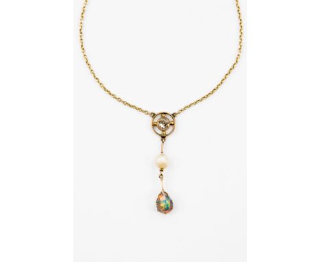 An Edwardian diamond, pearl and opal pendant on five link chain, claw set old cut diamond of approx 0.2 ct, suspending knife 