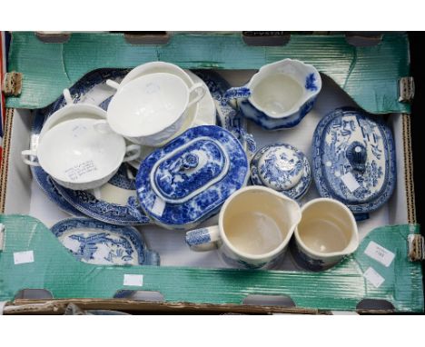 A box of blue and white kitchen wares, Willow pattern including Wedgwood coffee cups and saucers 