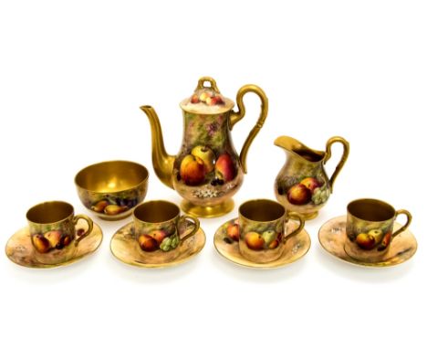 A Royal Worcester fruit painted part coffee set, 1923, including coffee pot, jug, bowl, four cans and four saucers, all decor